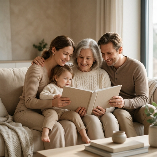 Tres generaciones de una familia comparten un álbum en el sofá