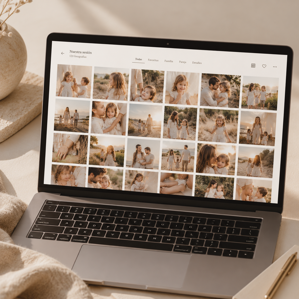 Galería digital de fotografías familiares abierta en la pantalla de un portátil. No es un producto físico.